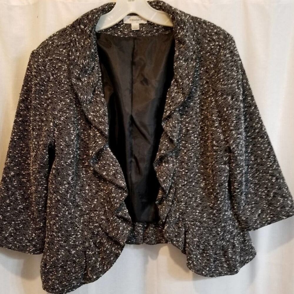 Dressbarn Black White Tweed Bouclé Ruffle Open Front Blazer Jacket Large RN83082